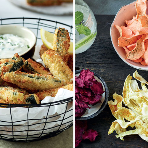 Dishes, such as baked zucchini, prepared in the oven.