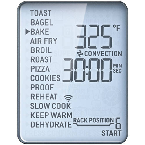 Screen displaying the 13 smart presets, which include bake, reheat and toast.