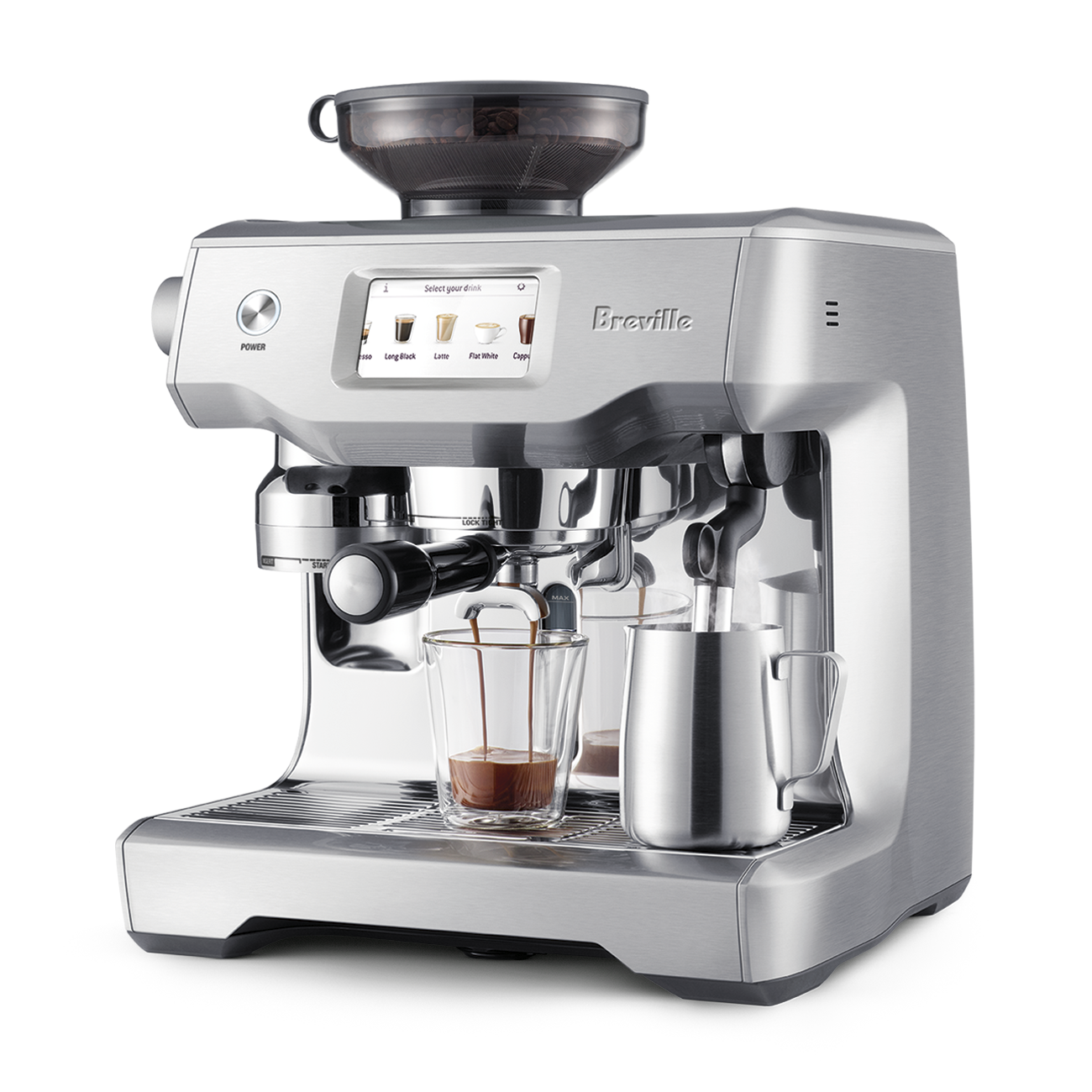 the Oracle® Touch right profile with latte glass and milk jug